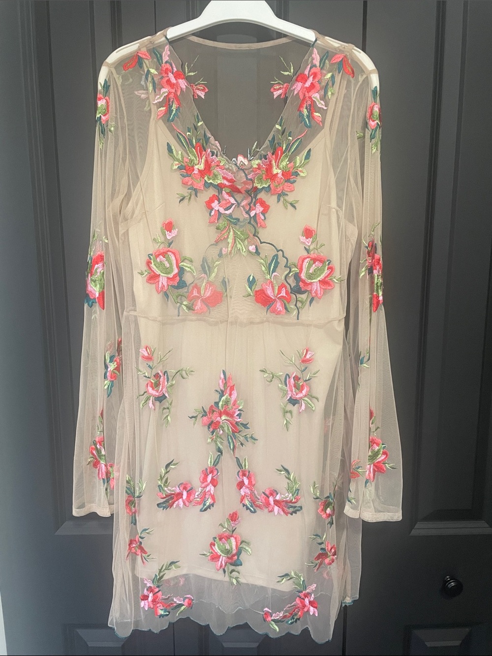 GUESS Beige Sheer Long-Sleeve Shift Dress with Pink Floral Embroidery